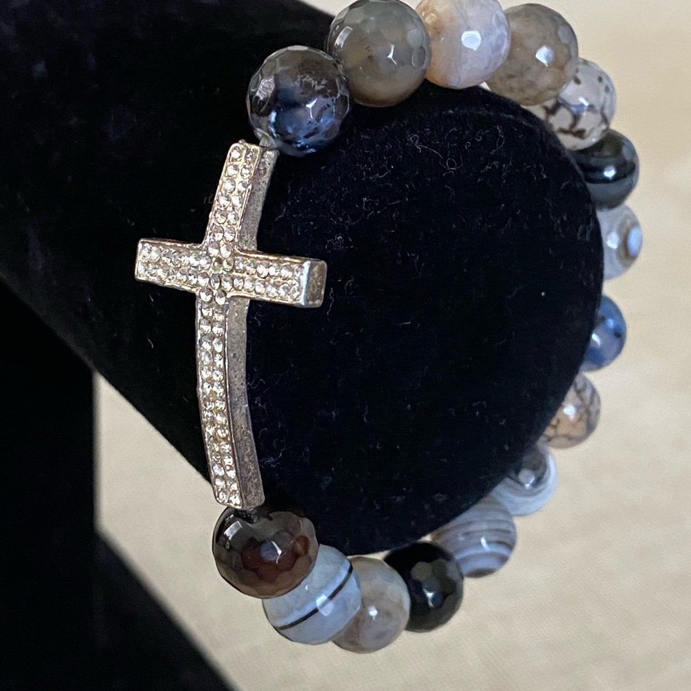 Cross Stretch Bracelet with Clear Crystal Charm Multi Brown Glass Marble Beads